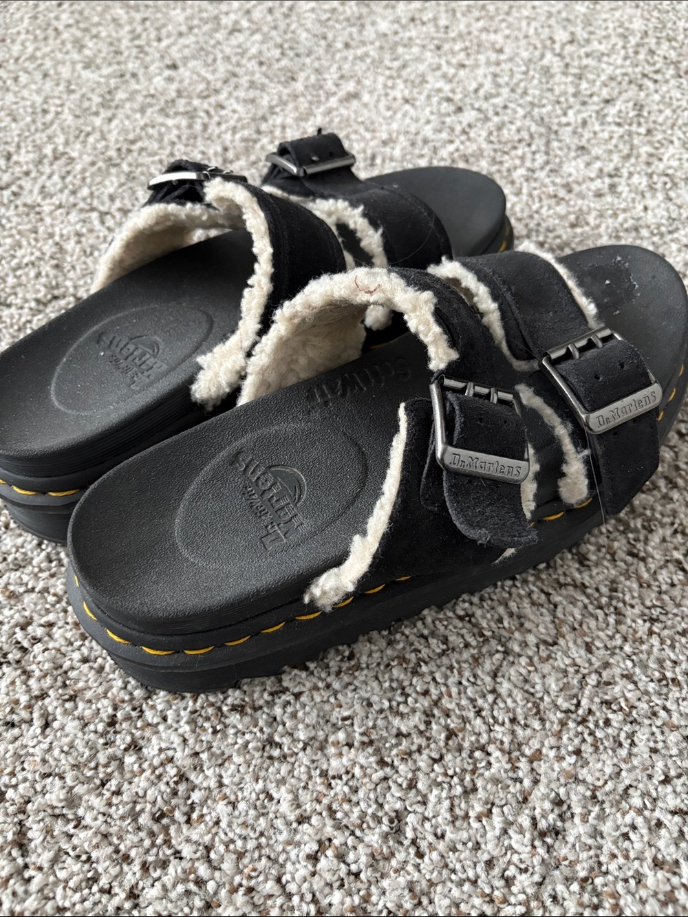 Dr. Martens Black Platform Shearling Buckle Sandals